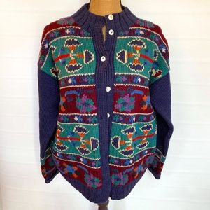 South Wool, hand knit cardigan sweater, navy and multiple colors